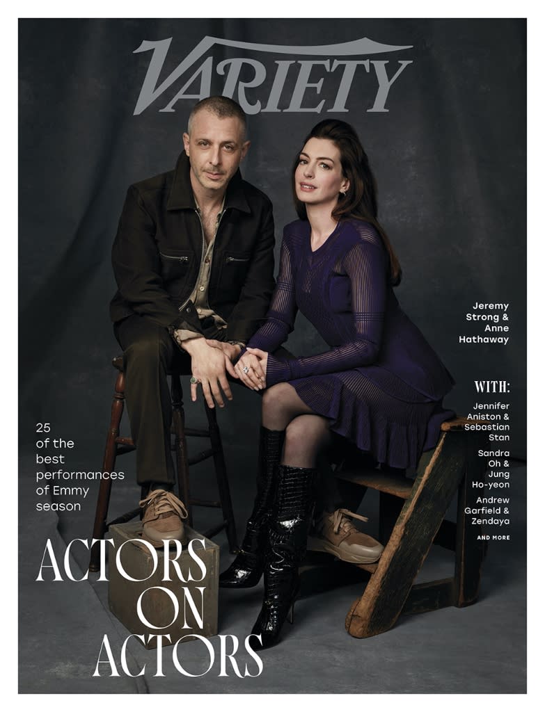 Jeremy Strong and Anne Hathaway star on the cover of ‘Variety’ for its’ 2022 Actors on Actors’ issue. - Credit: Alexi Lubomirski for Variety