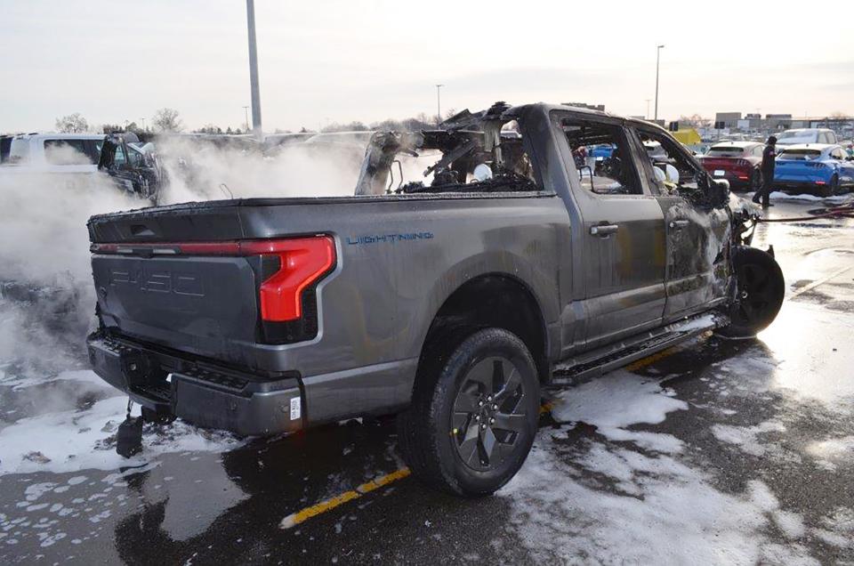 Images of the February battery fire damage to all-electric Ford F-150 pickup trucks in a Dearborn holding lot. Dearborn police and fire personnel responded to the incident, which involved three electric vehicles and no injuries and resulted in a five-week production shutdown.