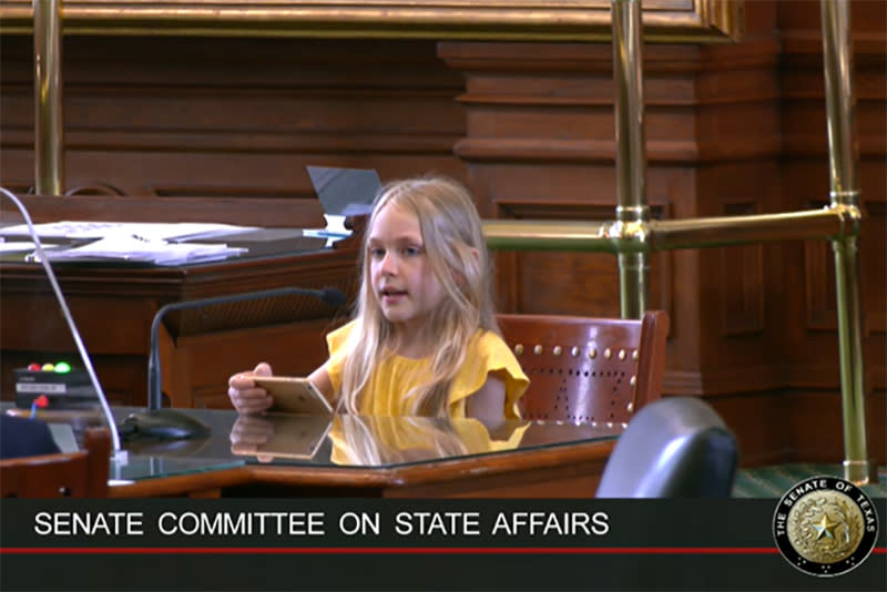 Image: Speaking before the Senate Committee on State Affairs on Monday, Kai Shappley (Texas Senate)