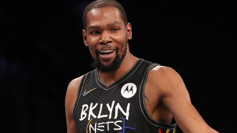 Brooklyn Nets star Kevin Durant left in the first quarter of their loss to Miami after an apparent leg injury. (Photo by Nathaniel S. Butler/NBAE via Getty Images)