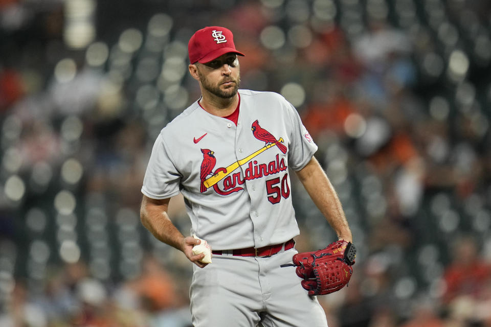 St. Louis Cardinals starting pitcher Adam Wainwright looks on between pitches against the Baltimore Orioles in the third inning of a baseball game, Tuesday, Sept. 12, 2023 in Baltimore. (AP Photo/Julio Cortez)