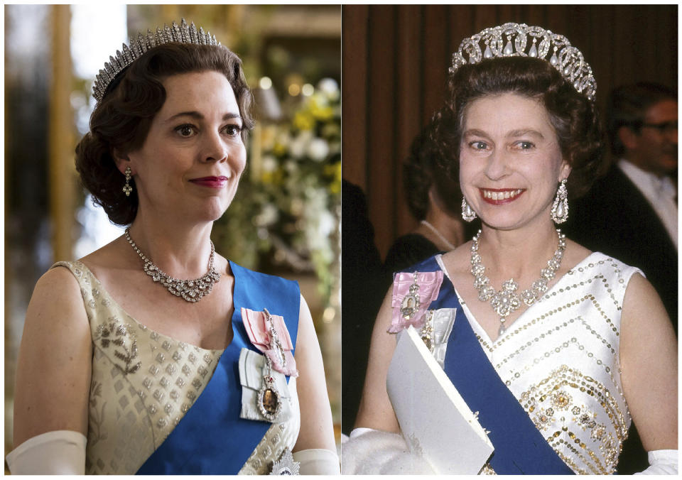 En esta combinación de fotografías Olivia Colman interpretando a la reina Isabel II en una escena de la tercera temporada de "The Crown", izquierda, y la reina Isabel II en la Ópera Sydney en Sydney, Australia el 20 de octubre de 1973. (Netflix, izquierda, y Foto AP)