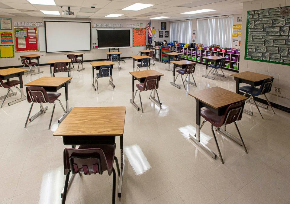 Student desks are placed 6 feet apart at Heritage Elementary School in Greenacres, September 4, 2020.  [ALLEN EYESTONE/The Palm Beach Post]