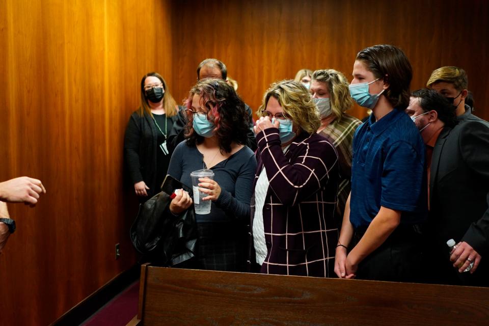 Victims and family of victims exit the courtroom after Oxford High School shooting suspect Ethan Crumbley exited the courtroom following his guilty pleas for his role in the school shooting that occurred on Nov. 30, 2021, during a his appearance at the Oakland County Circuit Court in Pontiac on Monday, Oct. 24, 2022.