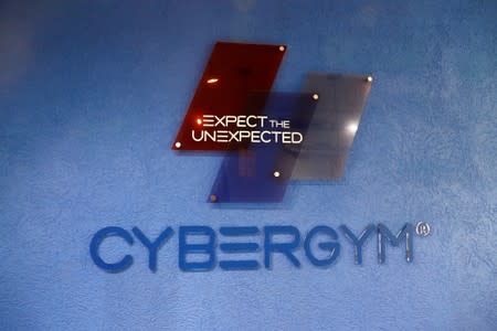 The logo of Cybergym, a cyber-warfare training facility backed by the Israel Electric Corporation, is seen at their training center in Hadera, Israel