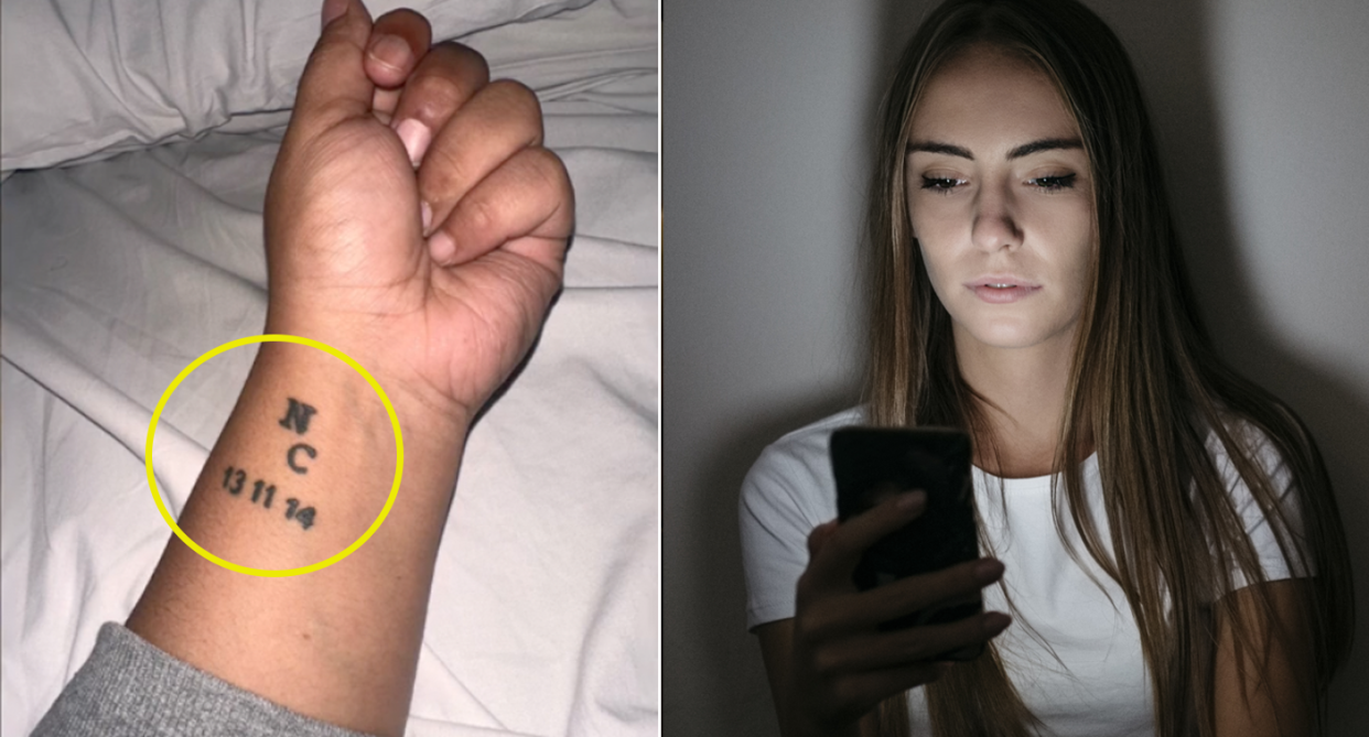The Lifeline phone number can be seen tattooed on a woman's arm. Source: Tiktok