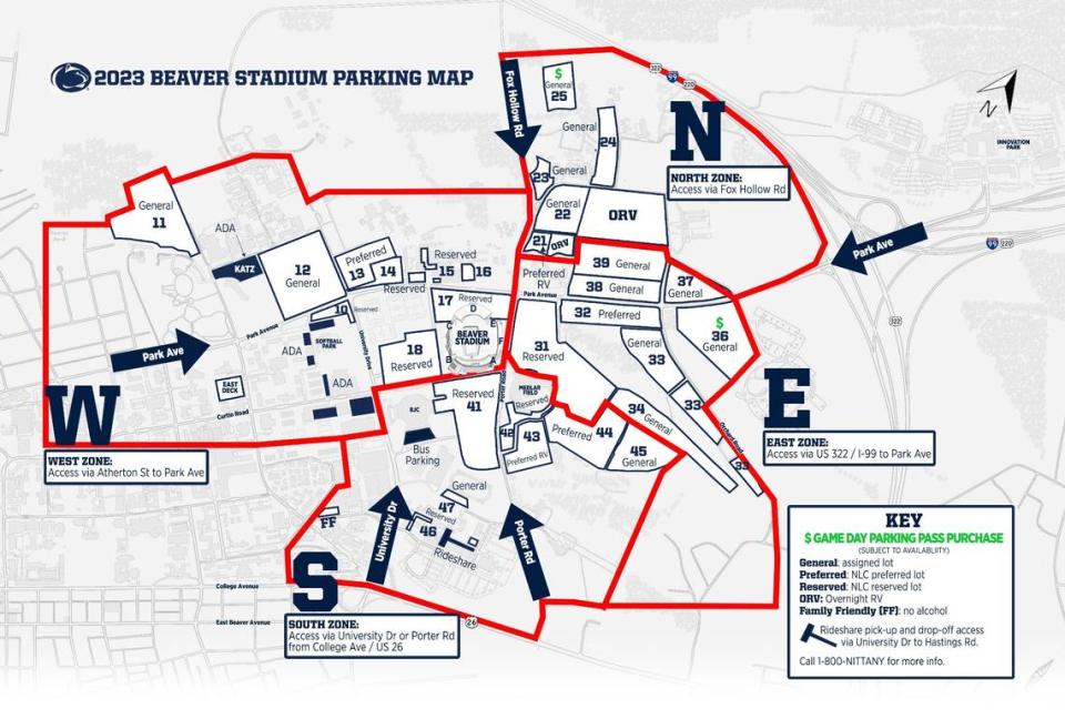 The 2023 Beaver Stadium parking map, courtesy of Penn State Athletics. Lots marked with a green $ will sell day-of-game parking passes.