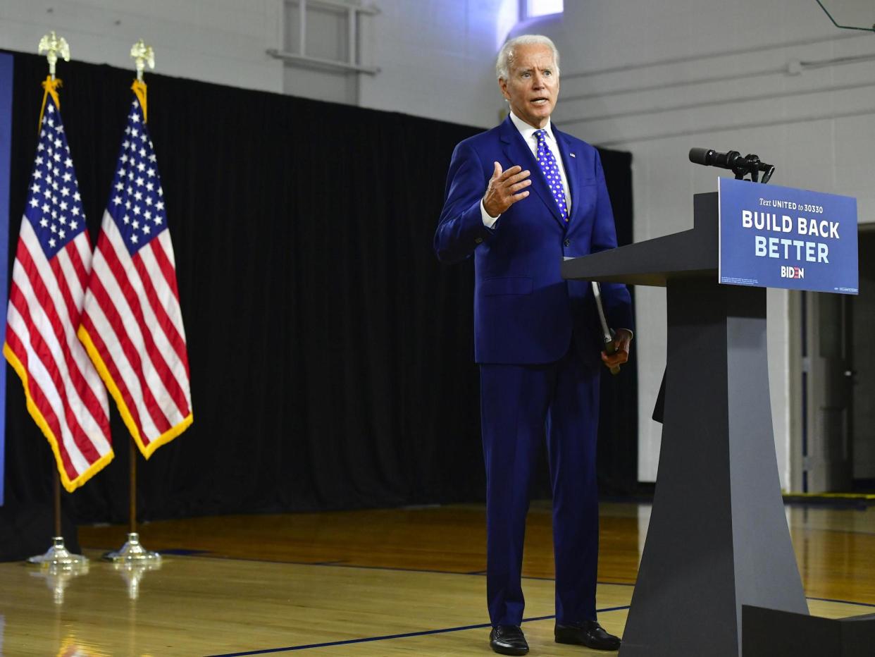 Presumptive Democratic presidential nominee former Vice President Joe Biden delivers a speech at the William Hicks Anderson Community Centre, on 28 July 2020 in Wilmington, Delaware: (2020 Getty Images)