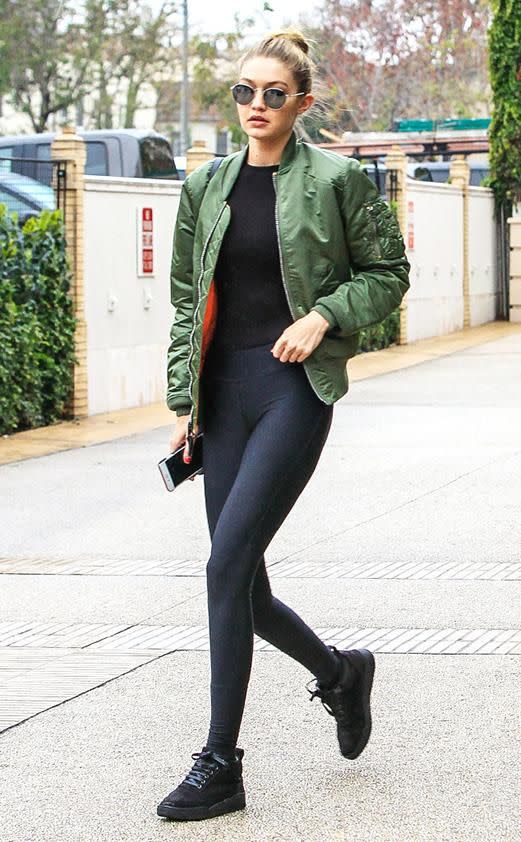 Gigi Hadid wearing a bomber jacket. Photo: Getty Images.