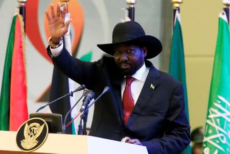 South Sudan's President Salva Kiir addresses delegates during the signing of the Sudan's power sharing deal, in Khartoum