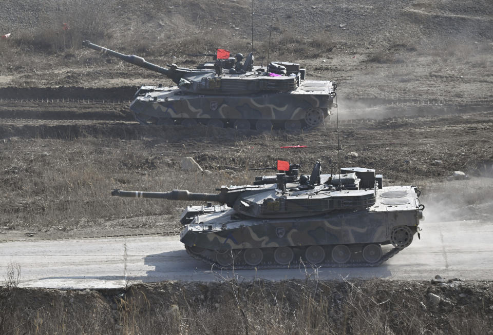 South Korean K1A2 tanks move during a joint live fire exercise at a military training field in Pocheon Thursday, March 14, 2024, as part of the annual Freedom Shield joint military exercise between South Korea and the United States. (Jung Yeon-je /Pool Photo via AP)