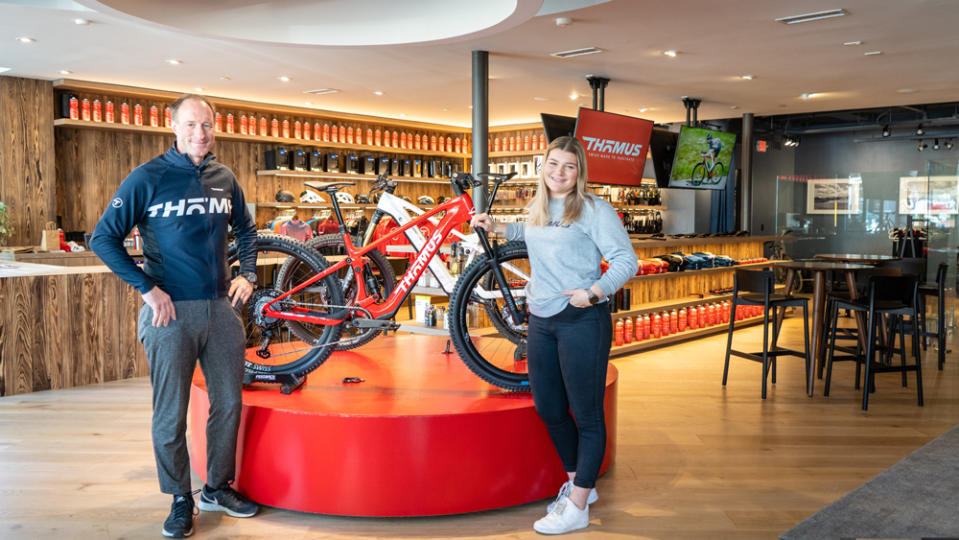 Thomas and Anja Binggeli in the new Thömus bicycle boutique in Santa Monica, Calif.