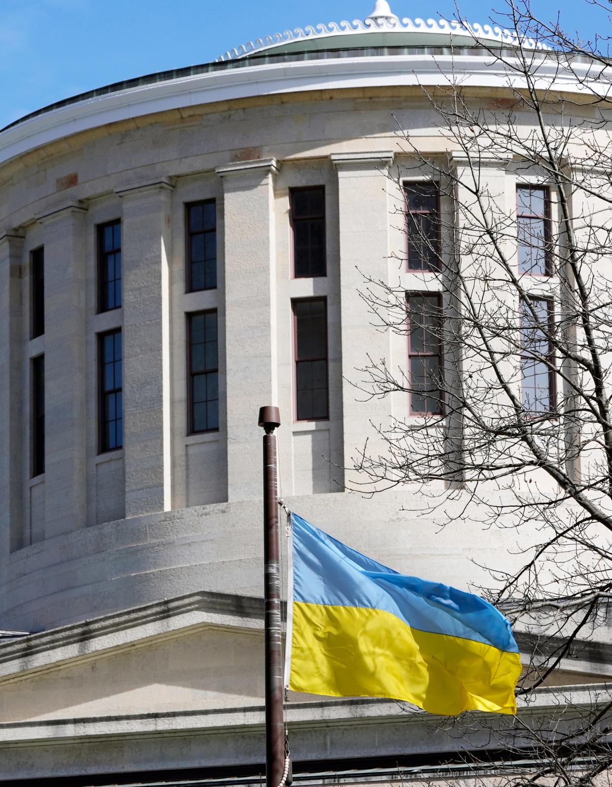 The flag of Ukraine flies on the west side of the Ohio Statehouse last month.