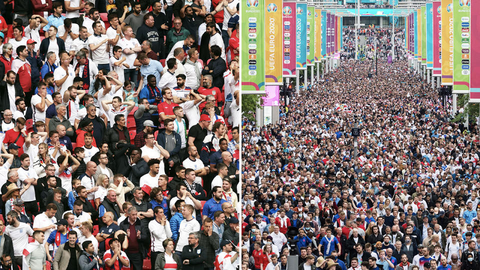 Over 40,000 fans, pictured here packed into Wembley Stadium for England's Euro 2020 clash with Germany.