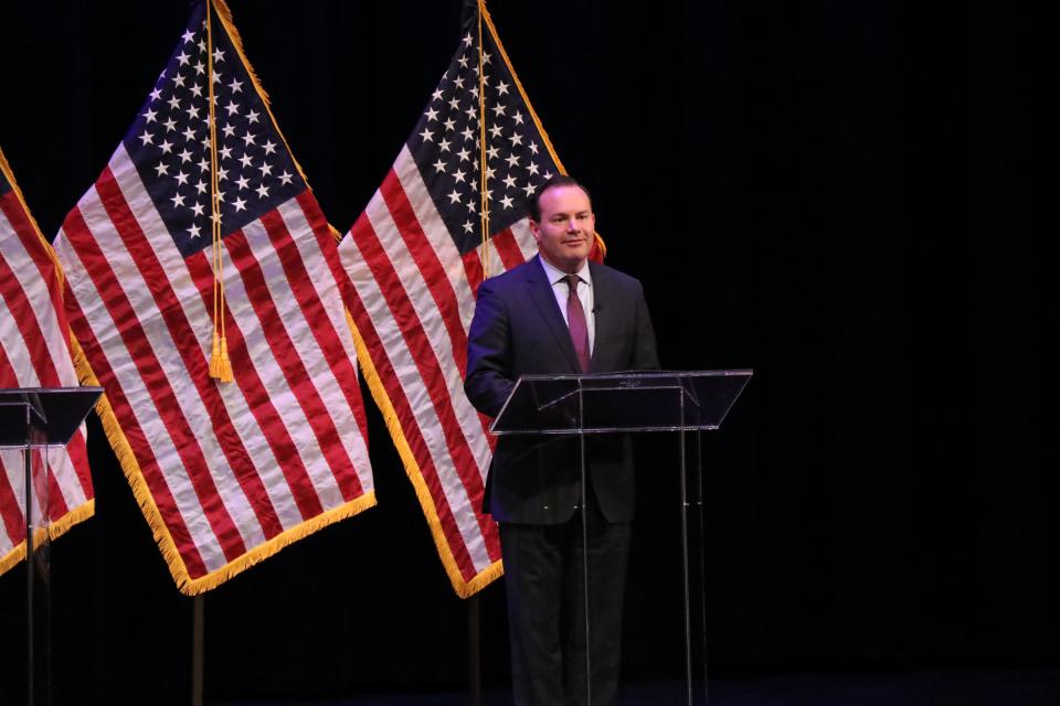 Sen. Mike Lee is seeking re-election and is one of three Republican candidates seeking to represent Utah for a term in the U.S. Senate debated her two opponents on Wednesday night at the Draper Park Middle School. June 1, 2022.