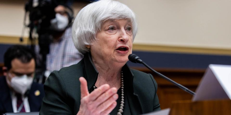 Treasury Secretary Janet Yellen testifies during a House Financial Services Committee on May, 12 2022.