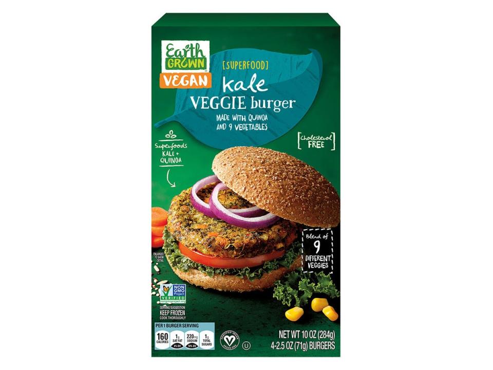 Earth Grown vegan kale veggie burger in a green package with an image of a burger on box