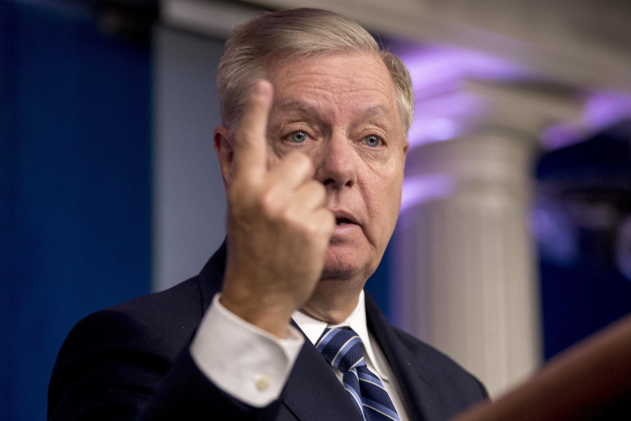 Sen. Lindsey Graham (R-S.C.), shown here speaking at the White House on Oct. 27, has been one of Donald Trump's staunchest defenders. He took his support of the president to Iowa on Friday. (Photo: Andrew Harnik/ASSOCIATED PRESS)