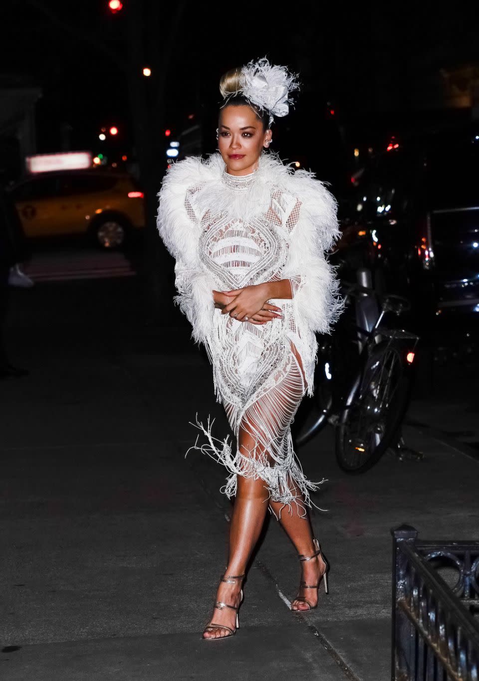 Rita Ora wears a fancy white dress for the Clive Davis Grammy Party in New York. Source: Splash