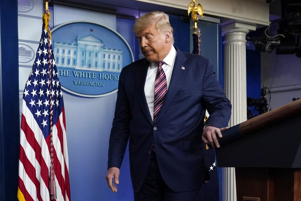 President Donald Trump leaves the podium after speaking at the White House, Thursday, Nov. 5, 2020, in Washington. (AP Photo/Evan Vucci)