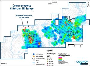 Till geochemistry (fine fraction) of samples taken on the Courcy Property, including the 2023 results. The gold concentration in ppb is shown on an image of the IDW geochemical pathfinders model combining gold (Au), arsenic (As) and copper (Cu).