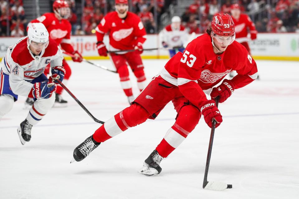 Detroit Red Wings defenseman Moritz Seider (53) moves the puck against Montreal Canadiens during the second period at Little Caesars Arena in Detroit on Monday, April 15, 2024.