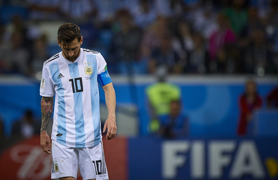 Under pressure: Lionel Messi feels the weight of expectation as his side go 3-0 down. (Getty)