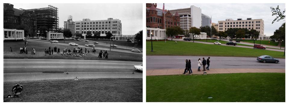 A combination shows flower arrangements and spectators lining the street along Elm Street during a reconstruction of the Dealey Plaza crime scene in 1963 and the same site in November 2013