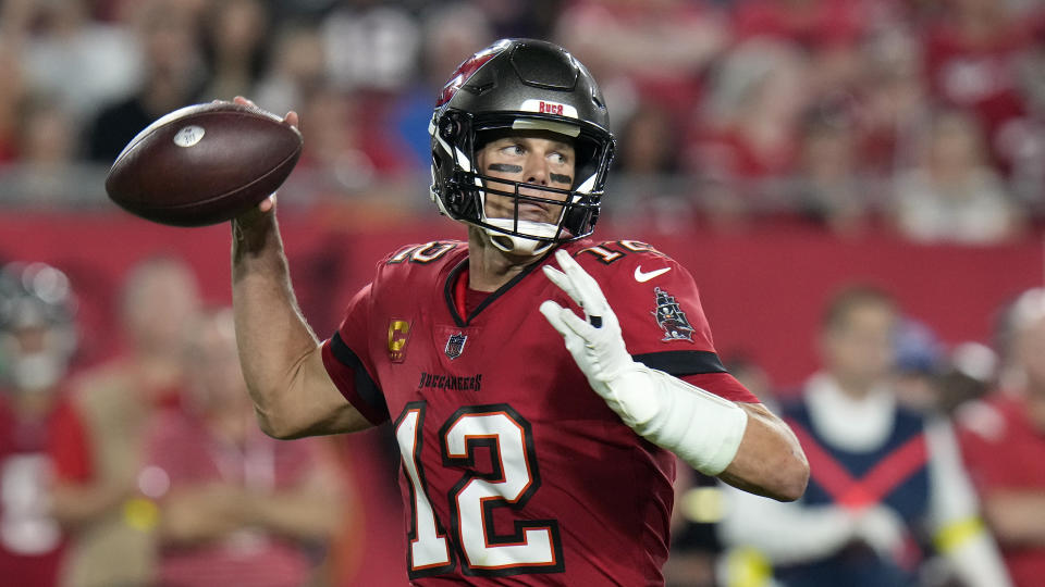 Tampa Bay Buccaneers quarterback Tom Brady passes the ball during an NFL football game against the Baltimore Ravens Thursday, Oct. 27, 2022, in Tampa, Fla. (AP Photo/Chris O'Meara)