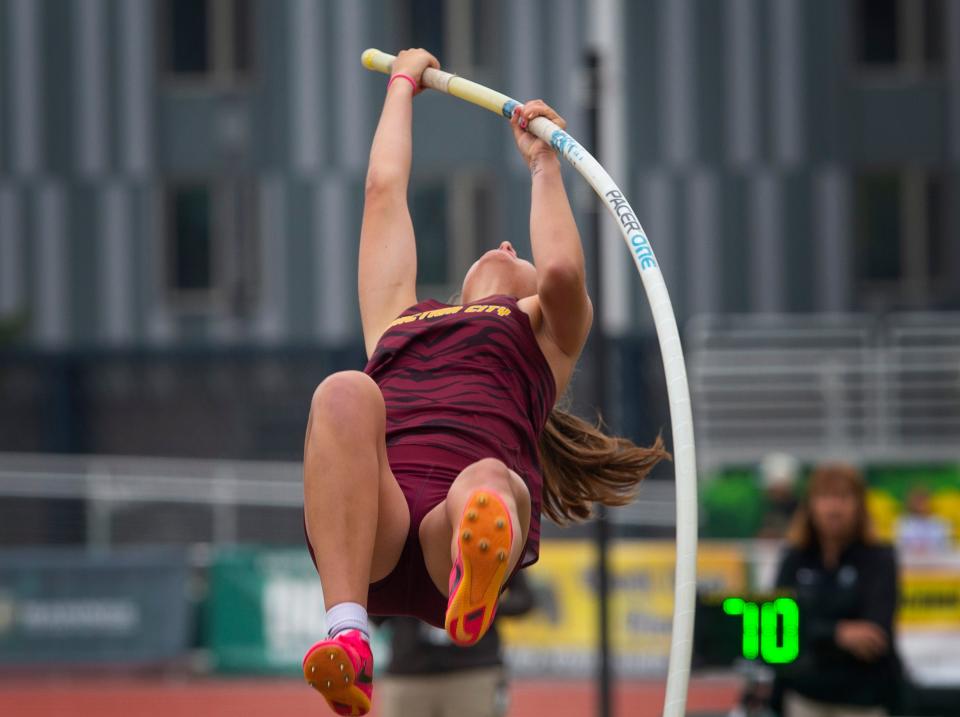 Junction City's Elaina Deming competes in the 4A girls pole vault on her way to a championship on the final day of the OSAA state track and field championship at Hayward Field in Eugene Saturday, May 27, 2023. 