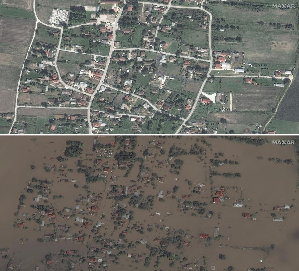 This combination of satellite images from Maxar Technologies compares a view on Sept. 16, 2022, of the village of Koskinas, in the central region of Thessaly, Greece and on Sept. 9, 2023 after it was flooded following torrential rain earlier in the week. (Satellite image ©2023 Maxar Technologies via AP)