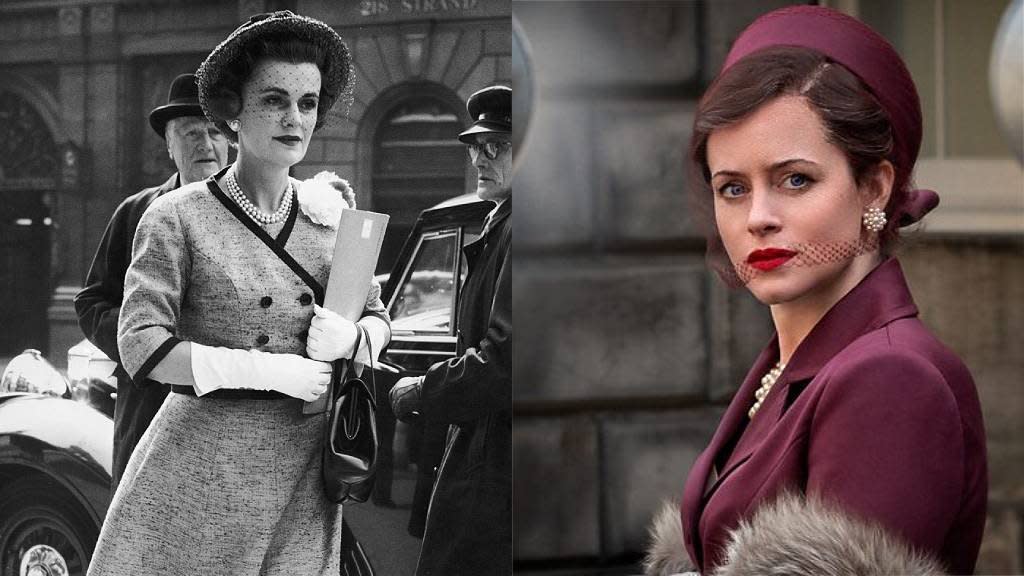 Margaret Campbell, duquesa de Argyll (izq.) y Claire Foy como la duquesa de Argyll en "Un escándalo muy británico" (der), llegando a los tribunales.