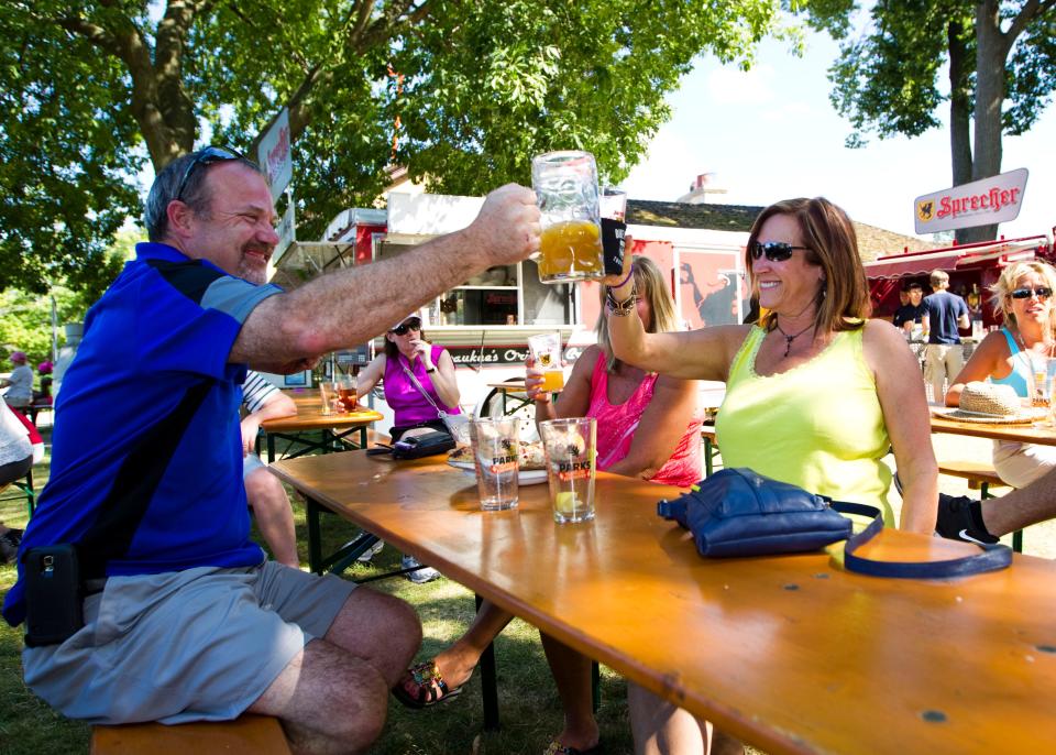 The Traveling Beer Gardens visit Milwaukee County parks throughout the summer. They feature restored firetrucks that have been converted into mobile beer trucks.