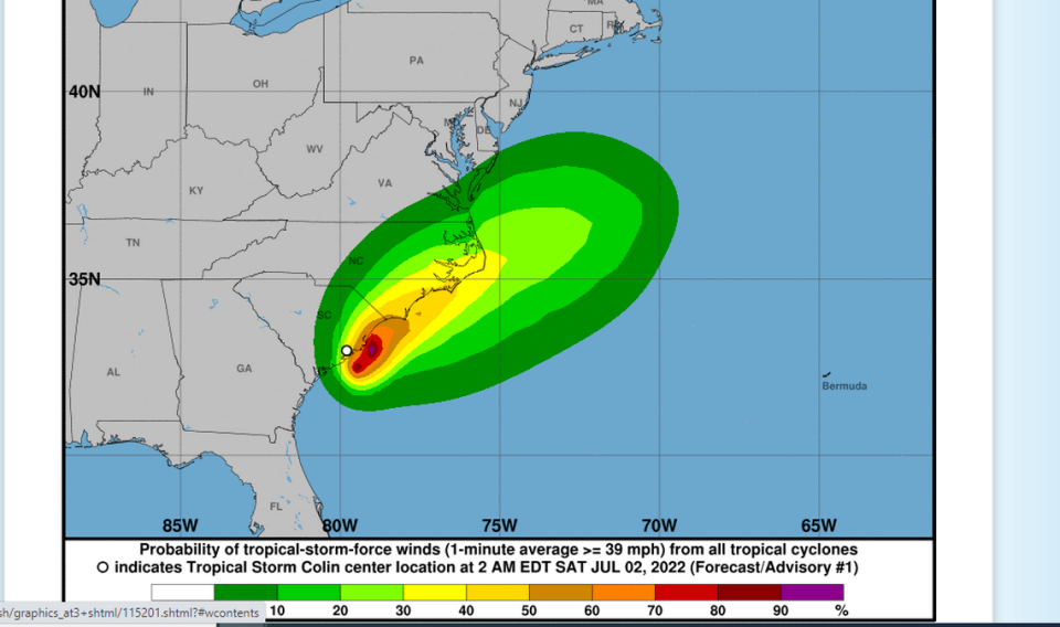 Strong winds, heavy rain and flash flooding from Tropical Storm Colin are expected along the Carolinas’ coast Saturday, July 2, 2022, into Sunday, July 3, according to the Natioanal Hurricane Cnter in Miami.