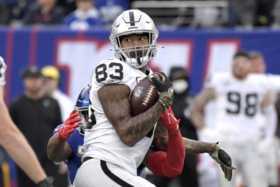 The Giants won nine games and their first playoff game since Super Bowl XLVI. Now they add Pro Bowl tight end Darren Waller. (AP Photo/Bill Kostroun)