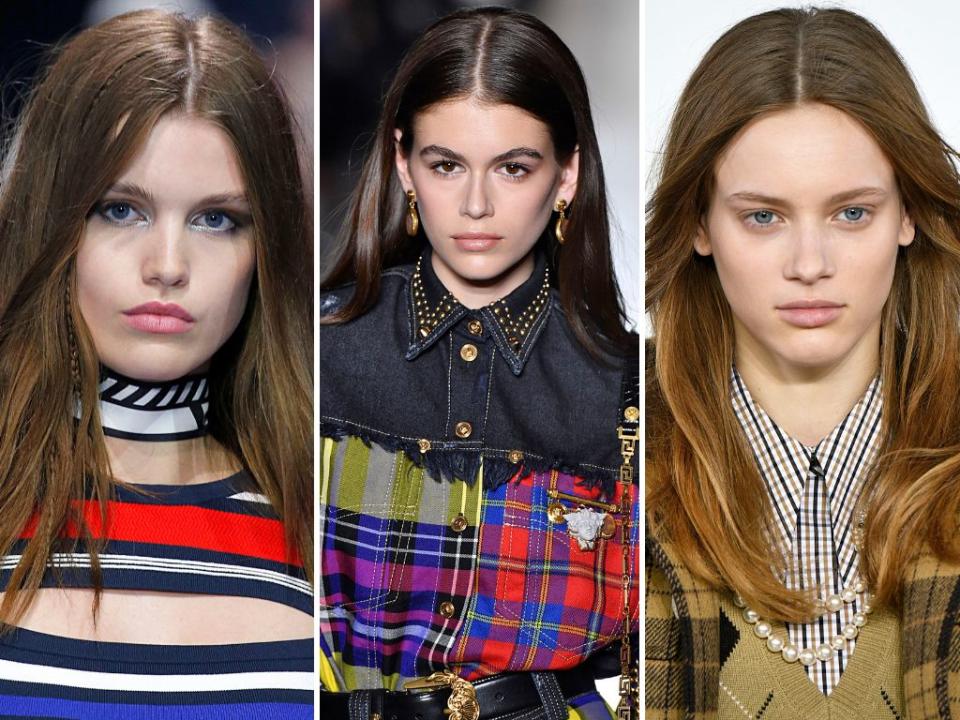 The middle part has proved its staying power of the years, and for fall, it's still going strong. We saw it on the runways at Tommy Hilfiger, Versace and Michael Kors, to name a few.&nbsp;<br /><br /><i>(Left to right: Tommy Hilfiger, Versace, Michael Kors)</i>