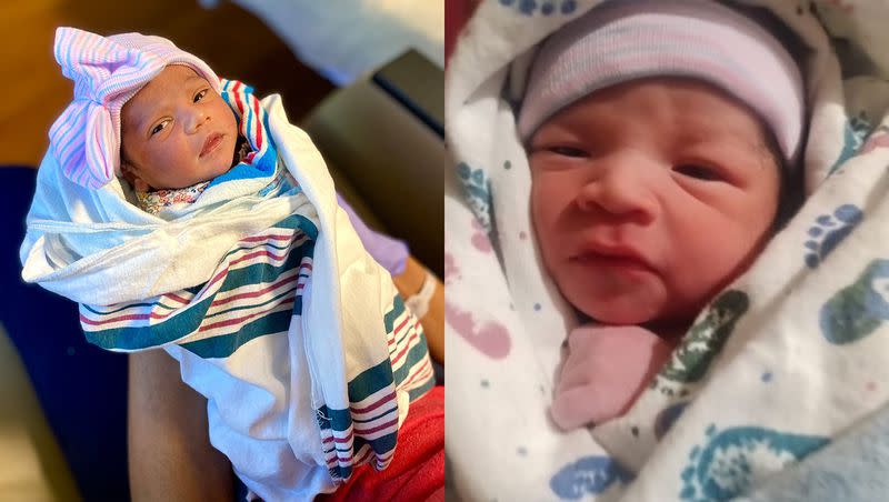 At left, baby Mira, who was born at St. Mark’s Hospital in Murray. At right, a baby boy was born at Intermountain Medical Center in Murray. Both babies were born at 12:18 a.m. on New Year’s Day.