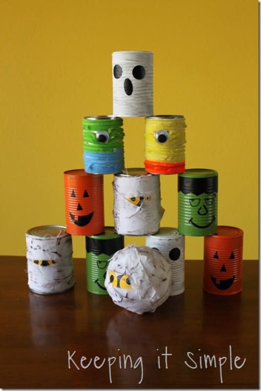 <p>Keeping It Simple</p><p>If you have any leftover cans lying around, peek over at <a href="https://www.keepingitsimplecrafts.com/halloween-cans-game/" rel="nofollow noopener" target="_blank" data-ylk="slk:Keeping It Simple;elm:context_link;itc:0;sec:content-canvas" class="link ">Keeping It Simple</a> to see how you can upcycle them for a fun Halloween bowling match. </p>