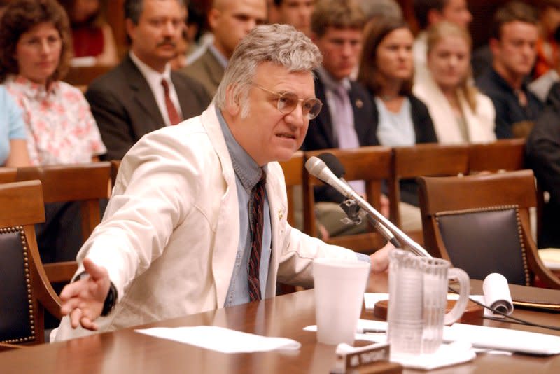 Rep. James Traficant, D-Ohio, speaks to a House Ethics subcommittee July 18, 2002, after the panel found him guilty of violating congressional ethics rules by taking kickbacks and bribes and evading taxes. On July 24, 2002, the U.S. House of Representatives expelled Traficant by a vote of 420-1. File Photo by Chris Corder/UPI