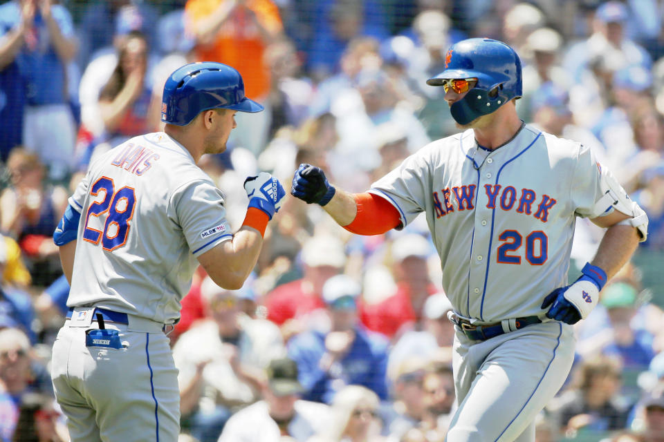 Jun 22, 2019; Chicago, IL, USA; New York Mets left fielder J.D. Davis (28) congratulates first baseman Pete Alonso (20) for his home run against the Chicago Cubs during the first inning at Wrigley Field. Mandatory Credit: Jon Durr-USA TODAY Sports