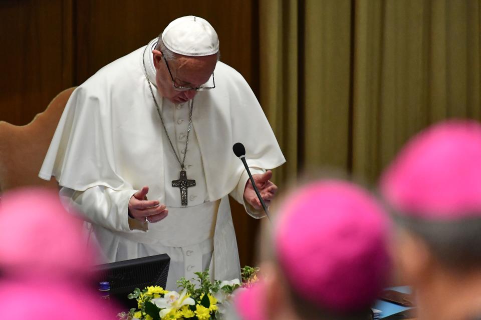 Pope Francis prays during the opening of a global child protection summit for reflections on the sex abuse crisis within the Catholic Church, on Feb. 21, 2019 at the Vatican. | Vincenzo Pinto—AFP/Getty Images