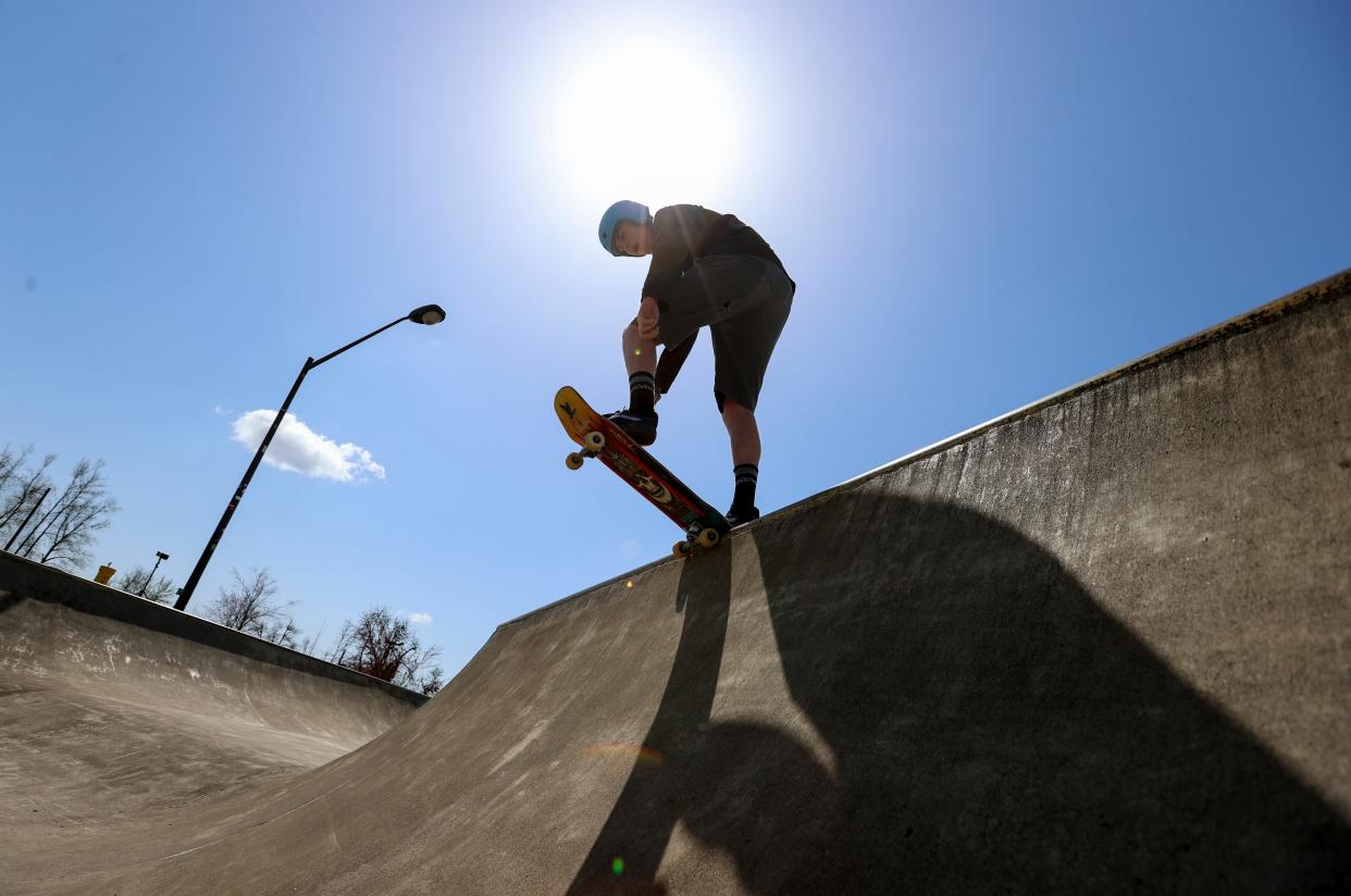 Daniel Nations drops in Friday at Brian Haney Memorial Skate Park in Aumsville. A similar skate park may be built at Kimmel Park in Mill City.