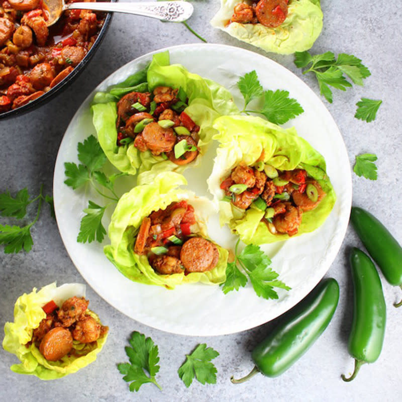 <p>Taste and See</p><p>These lettuce wraps are packed with delicious Cajun flavors!</p><p><strong>Get the recipe: <a href="https://tasteandsee.com/andouille-sausage-and-cajun-shrimp-lettuce-wraps/" rel="nofollow noopener" target="_blank" data-ylk="slk:Andouille Sausage And Cajun Shrimp Lettuce Wraps;elm:context_link;itc:0;sec:content-canvas" class="link ">Andouille Sausage And Cajun Shrimp Lettuce Wraps</a></strong></p>