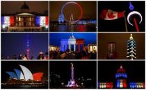 A combination photo shows the blue, white and red colours of the French national flag lit up in buildings and towers around the world in tribute to the victims of the November 13, 2015 Paris attacks. REUTERS/Staff