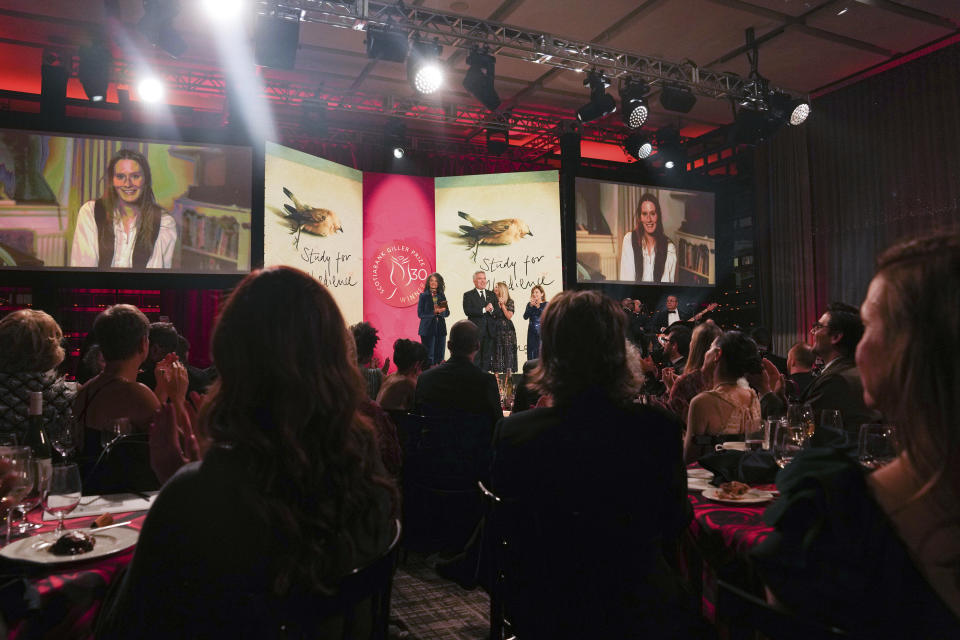 Sarah Bernstein appears on screen after winning the Scotiabank Giller Prize for her novel 'Study For Obedience' in Toronto, on Monday, Nov. 13, 2023. (/Chris Young/The Canadian Press via AP)