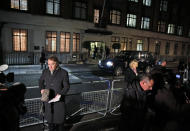 Members of the media opposite the entrance to the King Edward VII hospital in central London, Friday, Dec. 7, 2012. King Edward VII hospital says a nurse involved in a prank telephone call to elicit information about the Duchess of Cambridge has died. The hospital said Friday that Jacintha Saldanha had been a victim of the call made by two Australian radio disc jockeys. They did not immediately say what role she played in the call. (AP Photo/Lefteris Pitarakis)