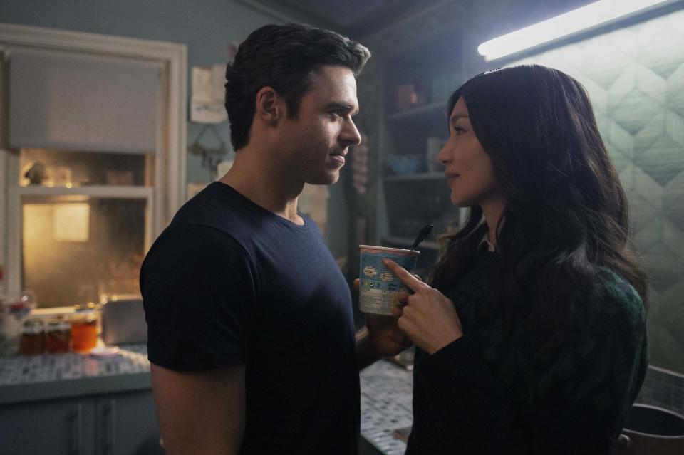 Richard Madden as Ikaris and Gemma Chan as Sersi in Eternals, directed by Chloe Zhao (PA/Marvel Studios/Sophie Mutevelian)