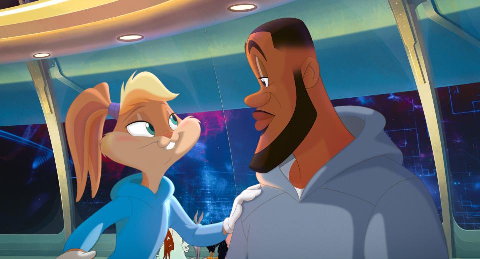 Lola Bunny (voiced by Zendaya) and LeBron James (as himself) are Tune Squad teammates in "Space Jam: A New Legacy."