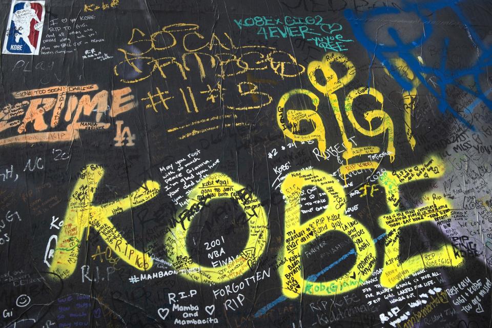 Messages covered a mural honoring Kobe Bryant and his daughter Gianna, in the 1200 block of South La Brea Avenue