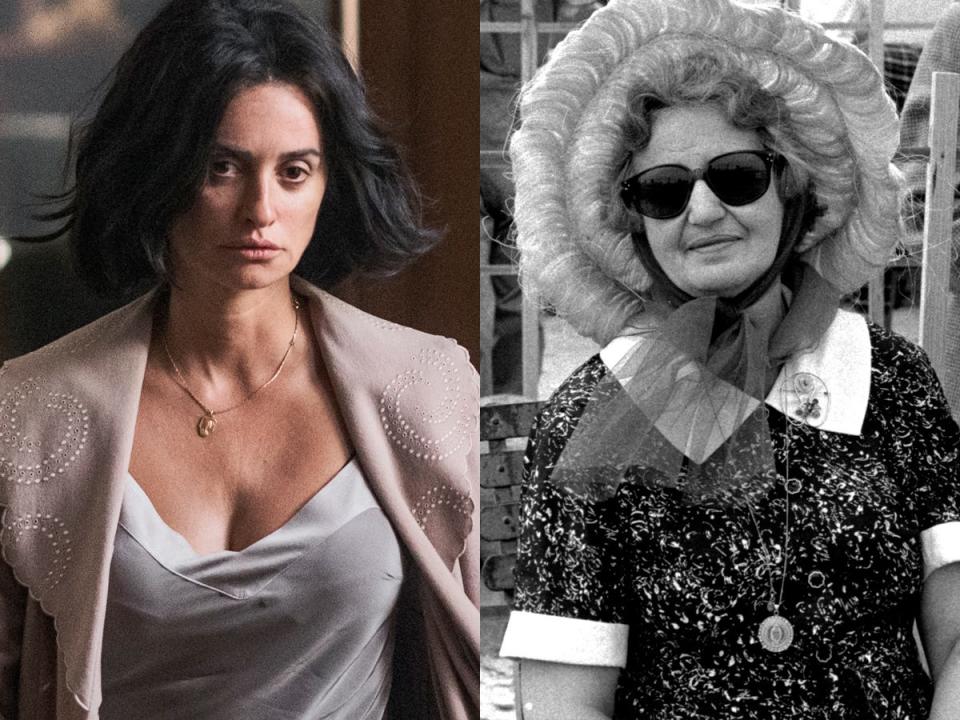 A side-by-side image of Penelope Cruz as Laura Ferrari in "Ferrari," left; right, Laura Ferrari in a hat, scarf, and sunglasses in 1960.